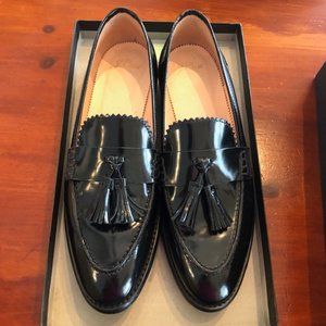 J. Crew Spazzolato Tassel Tab Academy Black Leather Loafers Size 9